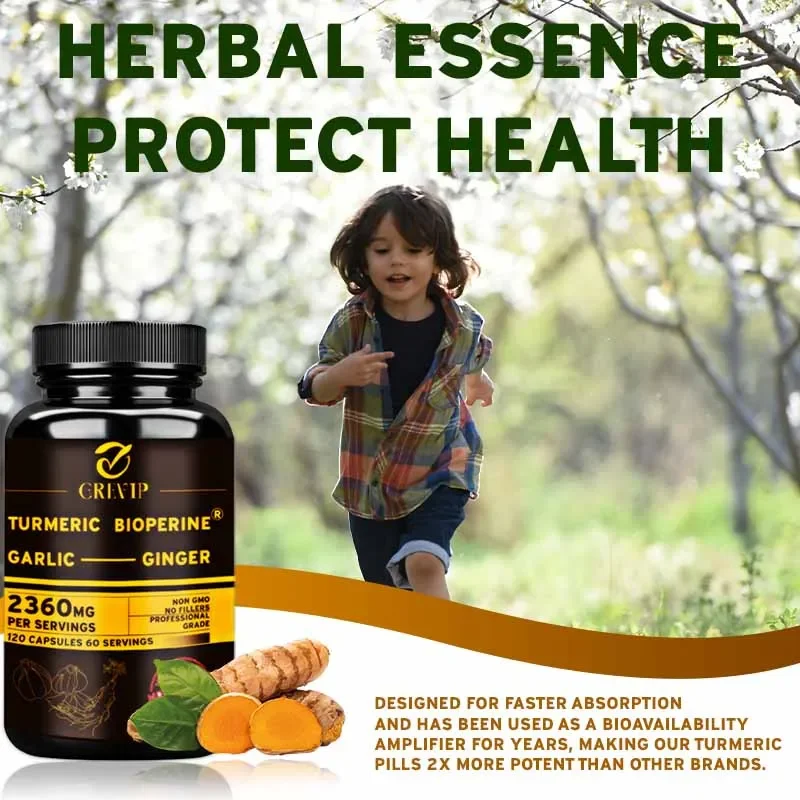 Turmeric Curcumin Capsule - 4-in-1 ターメリックジンジャーサプリメント - ニンニク、クルクミン、黒胡椒配合 - 関節、免疫サポート、消化改善サプリメント